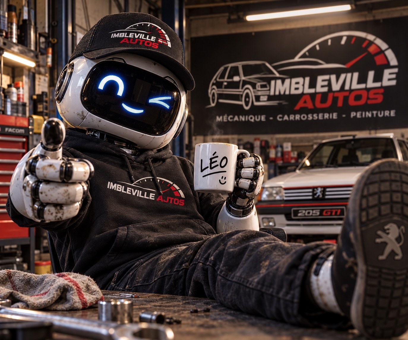 Léo, la mascotte robot d’Imbleville Autos